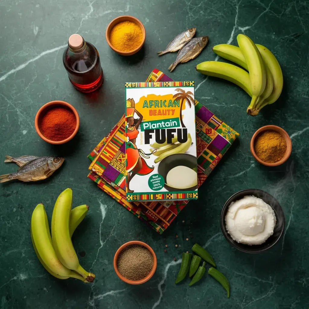 Farine de Plantain Verte AFRICAN BEAUTY entourée d’ingrédients africains comme bananes plantains, épices et poissons séchés sur fond vert.